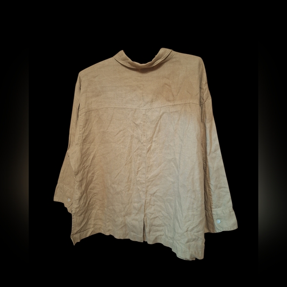 Chicos Blouse Button Front Shirt 3 or XL 16 LINEN Lagenlook TAN Coastal Oversize - Picture 3 of 3